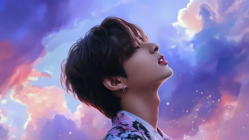 Digital portrait of dreamy youth against glowing sky clouds.