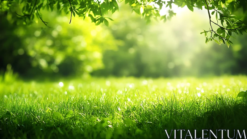 Sunlit Meadow with Lush Green Grass and Leafy Tree Branches.