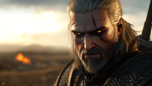 Scarred monster hunter studies the horizon with molten eyes