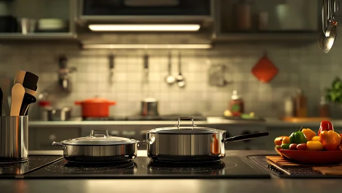Stainless cookware on induction hob in tiled modern kitchen.