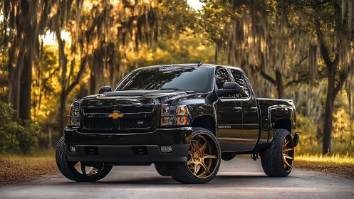 Custom black Chevy pickup with bronze off-road wheels.