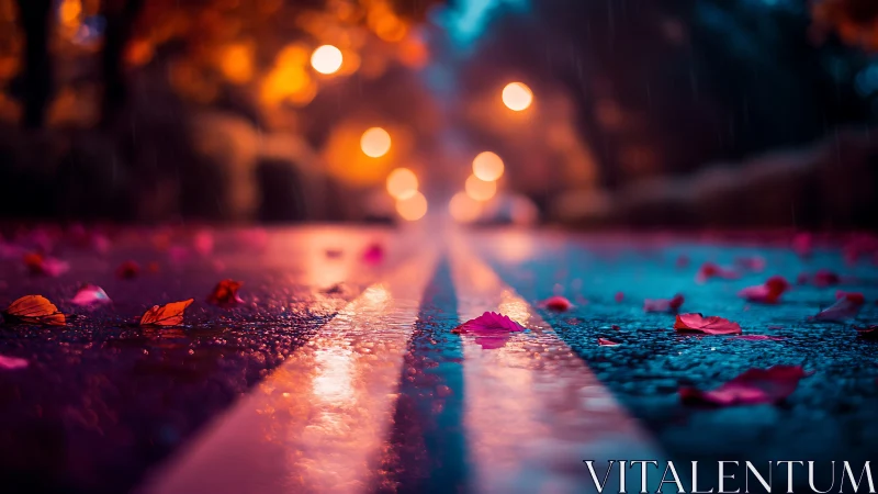 Rainy autumn street glows with neon lights and fallen leaves