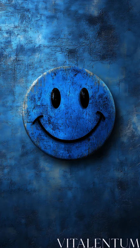 Weathered cobalt smiley emblem on textured blue wall surface.