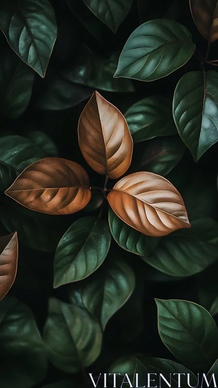 Central brown leaf cluster contrasts with surrounding green foliage