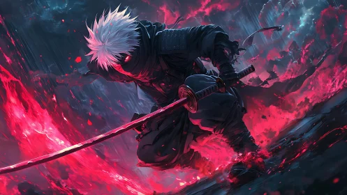 Cyber ninja warrior amid crimson energy storm.