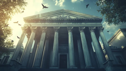 Neoclassical courthouse facade under dramatic morning light.