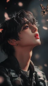 Soft light frames wistful youth watching drifting butterfly.