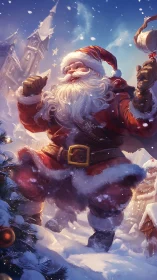 Santa Claus striding through snowy village with gift sack raised