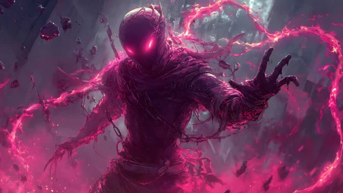 Void wraith commands neon pink energy in stormed ruin.
