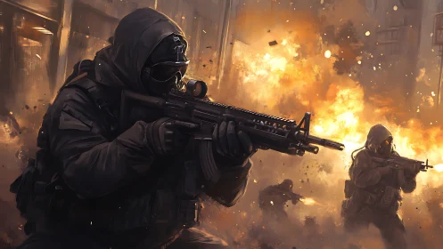 Tactical assault team advancing through urban blastfield.