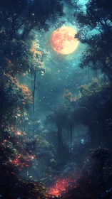 Luminous celestial body positioned centrally within dense forest canopy structure.