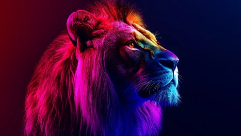 Side profile lion portrait uses saturated neon lighting