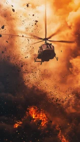 Helicopter framed against dense fireball explosion clouds.