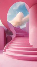 Curved pink staircase within abstract outdoor structure.
