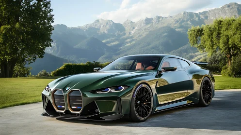 3D performance coupe render with reflective alpine environment lighting.