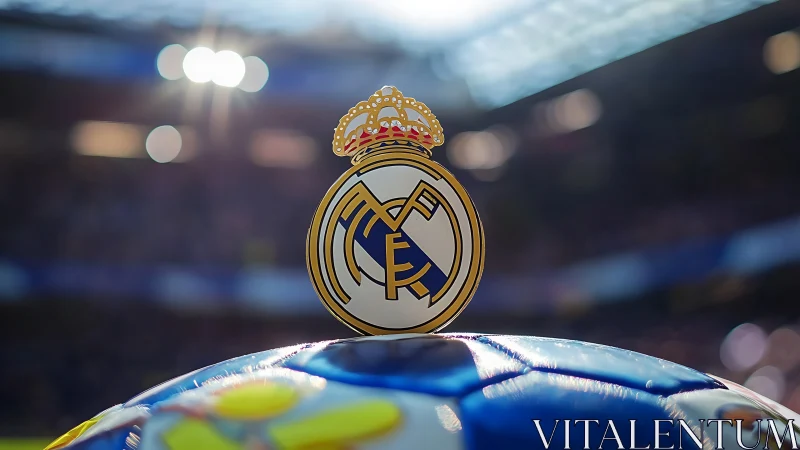 Real Madrid crest over match ball inside stadium.