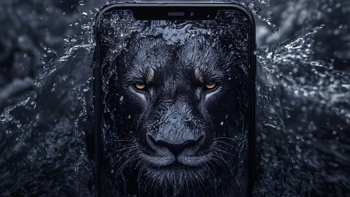 Midnight lion portrait emerging from smartphone display.