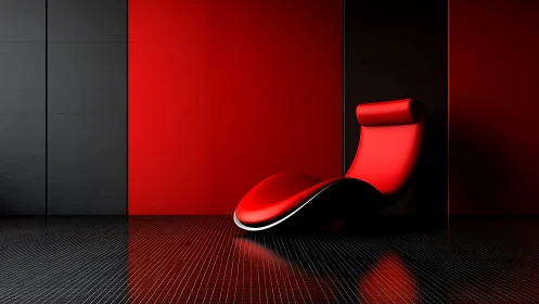 Red Sculptural Chair Against Contrasting Interior Spaces.