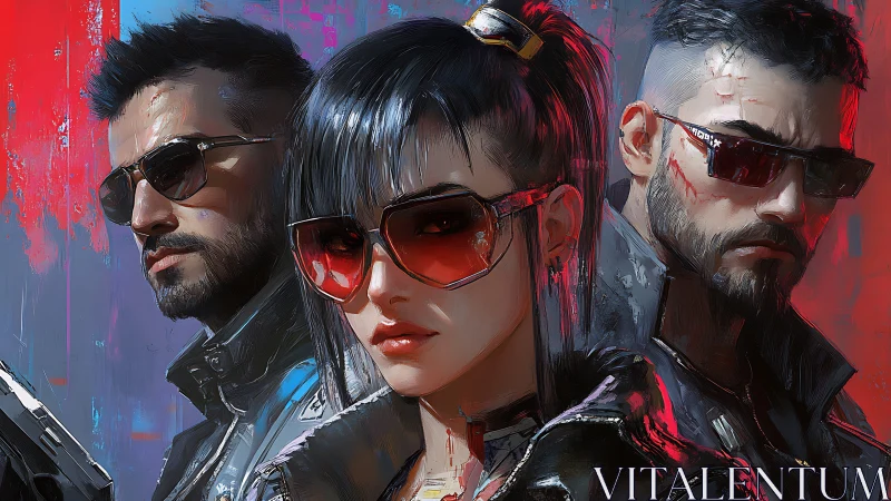 Triad of cyberpunk enforcers in layered neon rim lighting