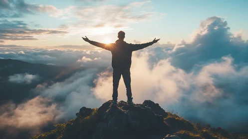 Silhouette stands on sunlit mountain peak above dense clouds.