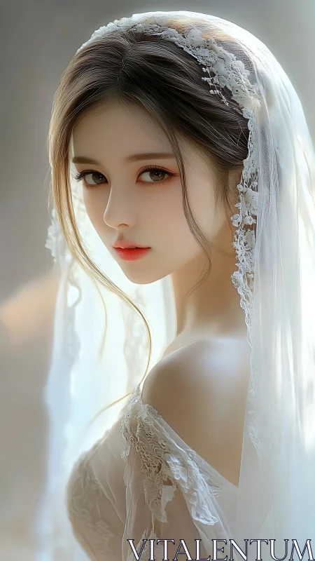 Luminous bridal portrait with hyperreal lace translucency focus.