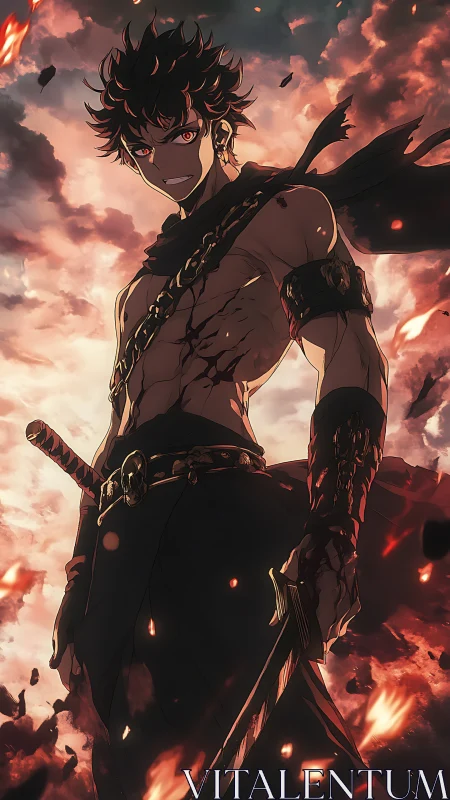 Battle-scarred warrior commands burning storm sky.