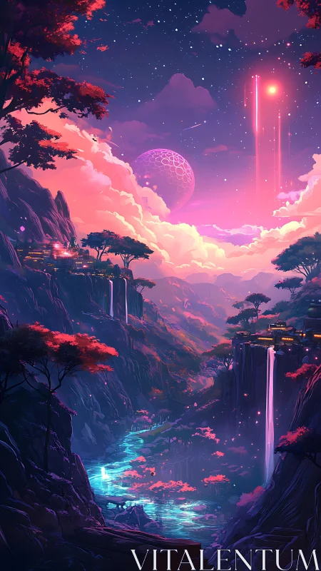 Neon waterfalls cascade through an alien canyon at twilight