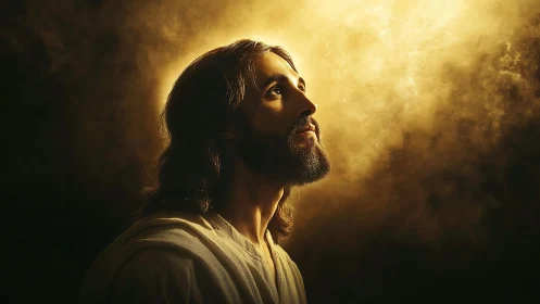 Profile view of robed man against diffuse golden backlight.