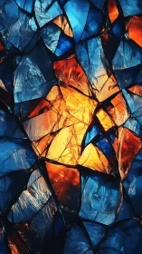 Shattered glass mosaic with blue and orange light glow.