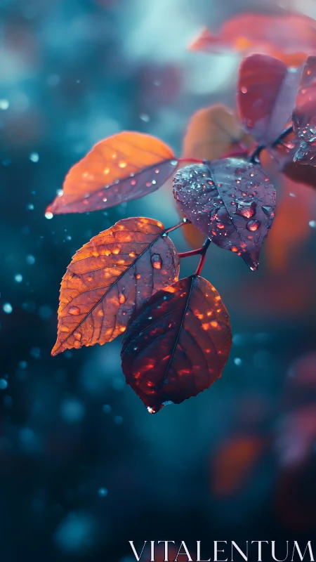 Autumn leaves in macro close-up with teal bokeh rainfall.