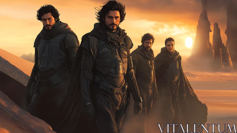 Desert warriors stride across sunlit dunes in formation.