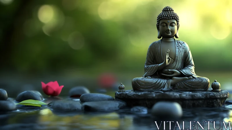 Seated Buddha statue is centered on stones in shallow water