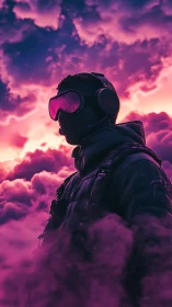 Skybound neon wanderer adrift in ultraviolet storm clouds.