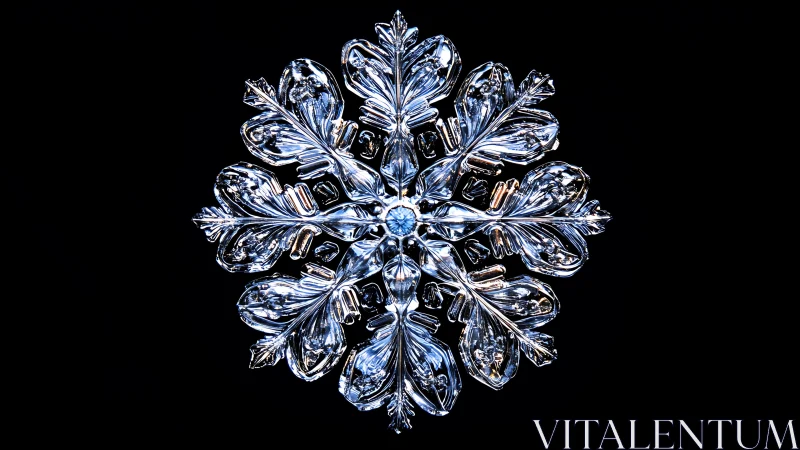 Crystal snowflake macro glows against deep black void