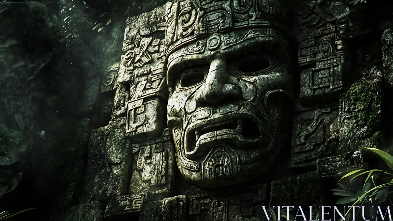 Ancient stone temple face emerges from mossy jungle wall.