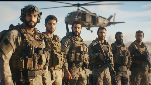 Armed military squad standing in desert with helicopter.