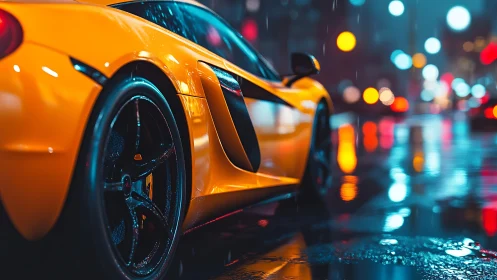 Neon soaked supercar waits in rain glazed midnight streets.