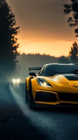 Twilight sprint of a yellow supercar on misty forest asphalt.