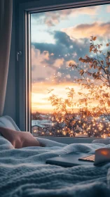 Cozy bed by window with sunset sky and glowing lights.