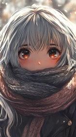 Silver haired anime girl in winter scarf close-up portrait.