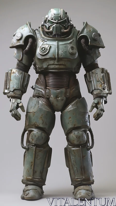 Battle-worn green power armor suit stands in studio lighting
