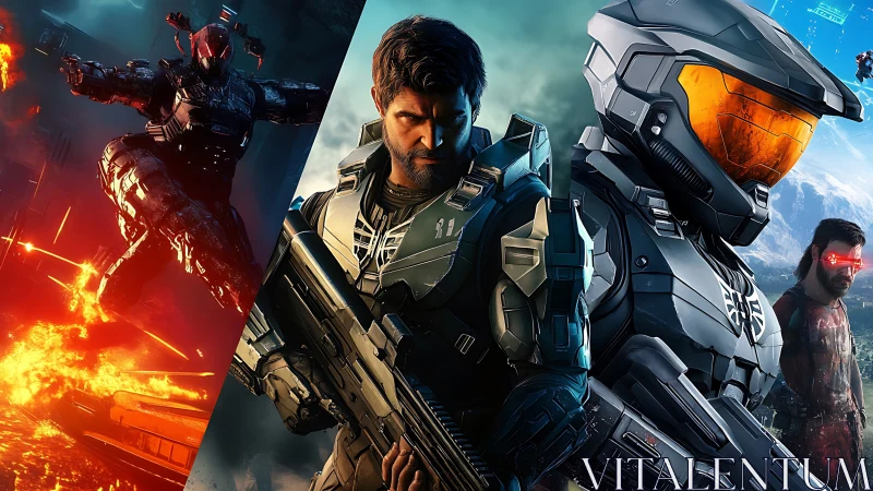 Futuristic armored soldiers in intense sci fi battle scene.