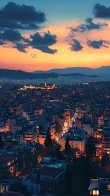 Sunset-drenched city lights weaving toward distant hills.