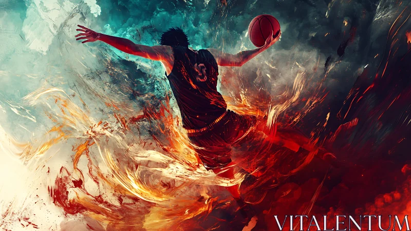Dynamic basketball dunk amid abstract fire and ice vortex