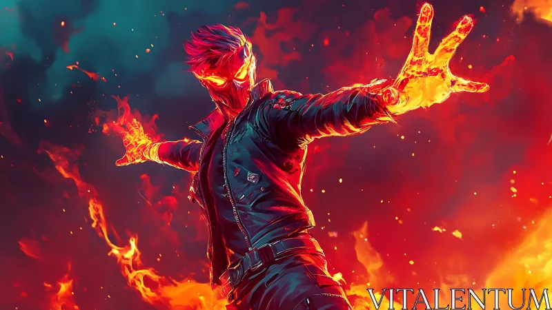 Humanoid fiery figure in leather jacket amid flame field.