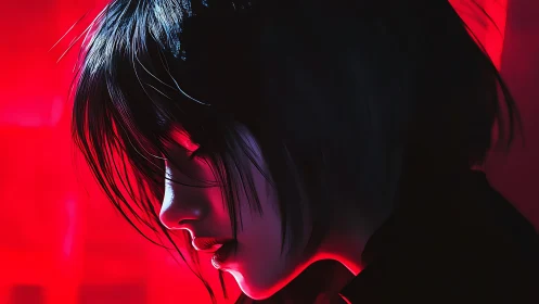 Softly lit profile of a thoughtful girl in crimson glow.