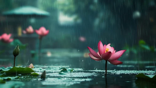Pink lotus flower in calm pond under steady rainfall.