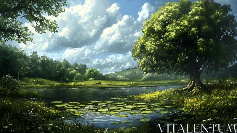 Sunlit riparian landscape with lily pond and dense oak canopy