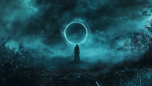 Hooded figure confronts glowing portal in stormy night landscape