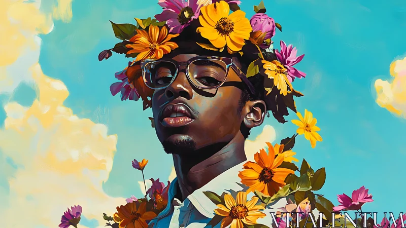 Floral crowned portrait merges identity and endless summer sky.
